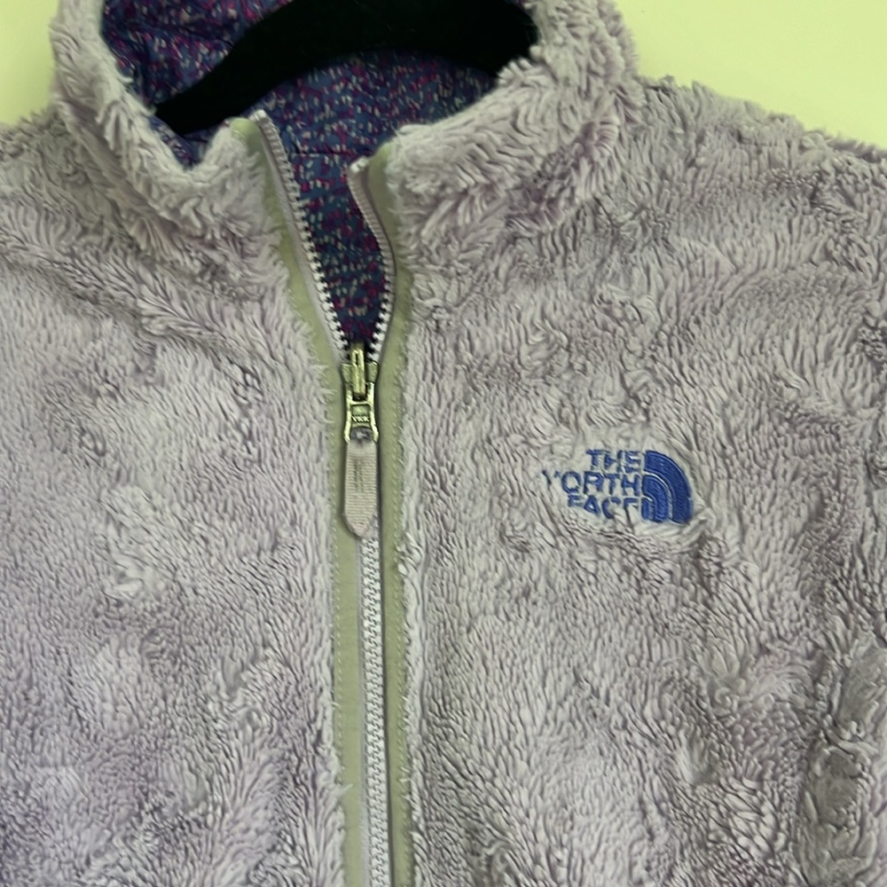 🛍️Girls The North Face Purple Print Reversible Fleece Puffer Jacket L 14/16 - Picture 9 of 10